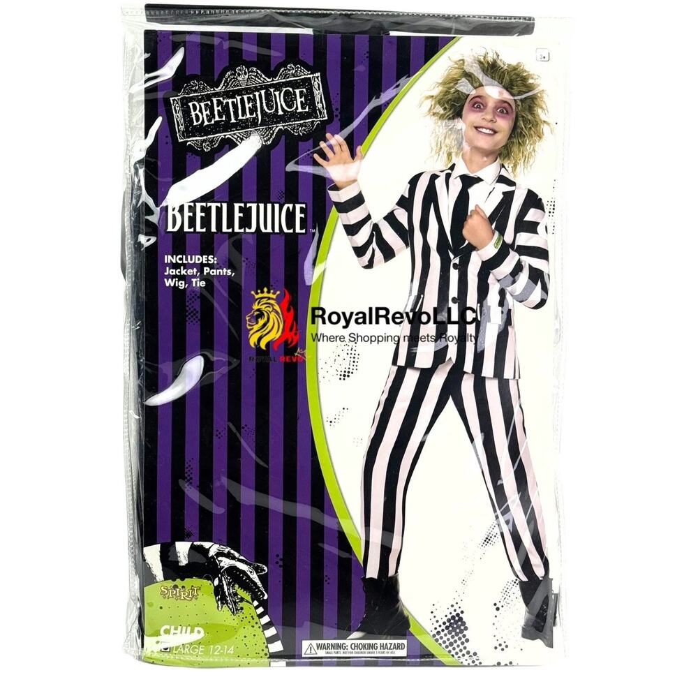 Spirit Halloween Beetlejuice Costume Kids Sz L 12-14 Suit Wig